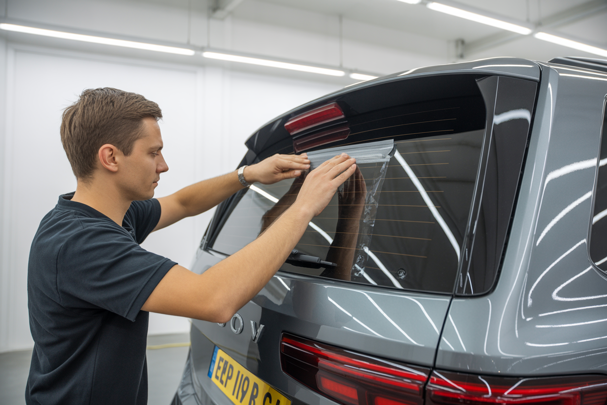 Un technicien qualifié appliquant avec précision un film solaire sur une vitre de voiture dans un atelier propre et bien éclairé.