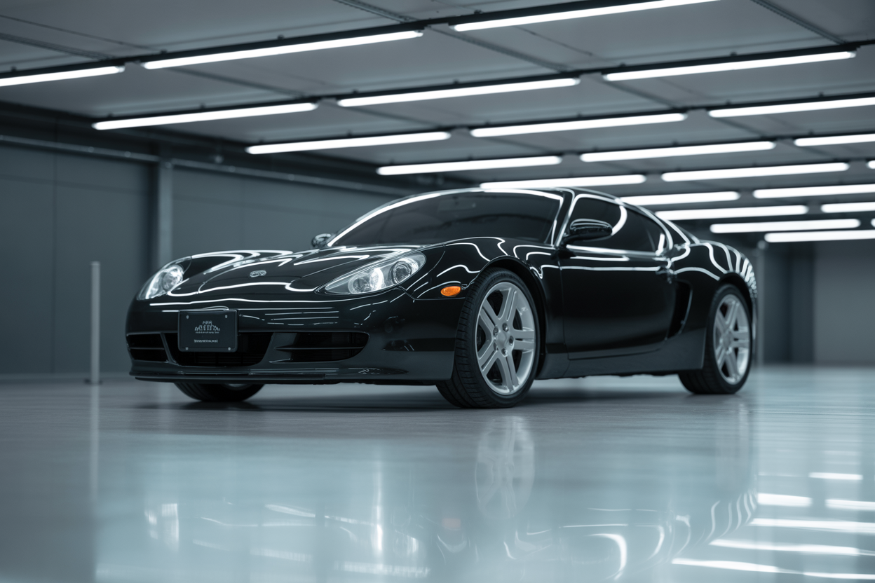 Une voiture de sport moderne avec des vitres teintées très sombres, garée dans un parking souterrain bien éclairé, mettant en valeur son aspect élégant et privé.