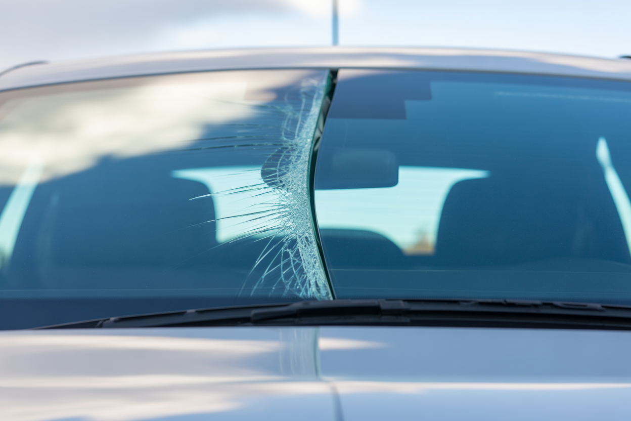 Gros plan sur une longue fissure traversant un pare-brise de voiture, avec le reflet du ciel.