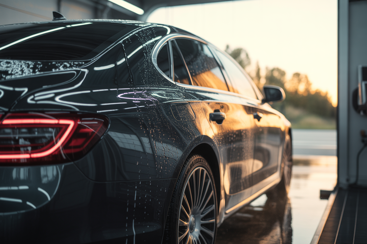 Une voiture de luxe noire brillante sortant d