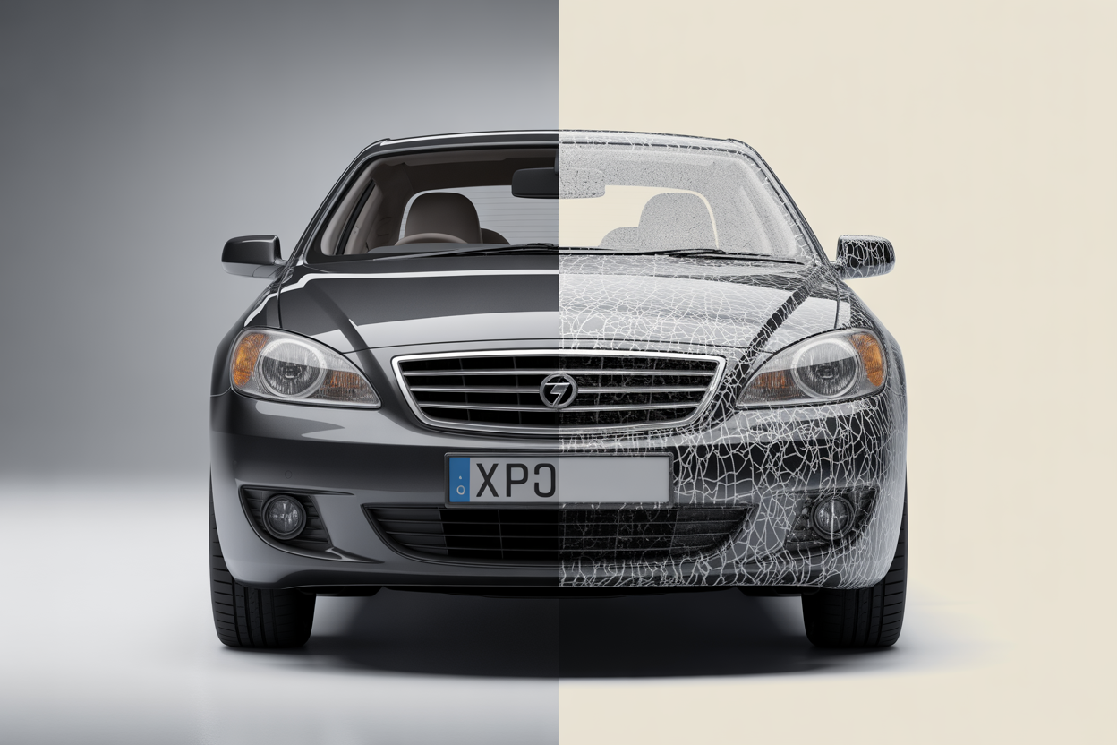 Une voiture de couleur sombre, moitié impeccablement propre et brillante (côté professionnel), moitié avec des traces d
