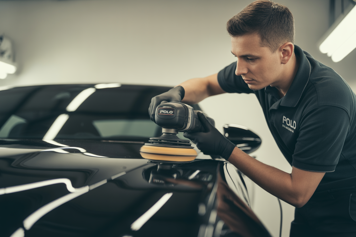 Un technicien de Techcar.ch appliquant un produit de finition avec une polisseuse sur une voiture de luxe, montrant l