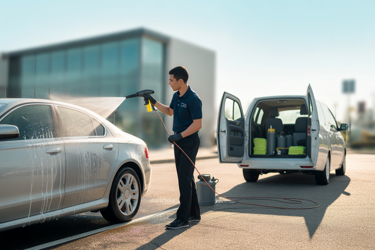Professionnel effectuant un nettoyage auto sur le parking d