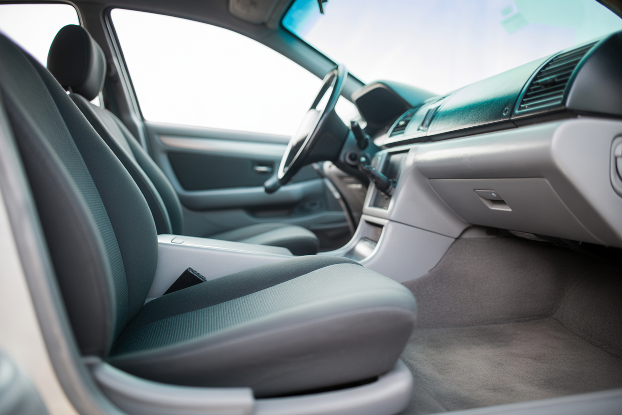 Intérieur de voiture impeccable après un nettoyage professionnel des sièges et du tableau de bord.