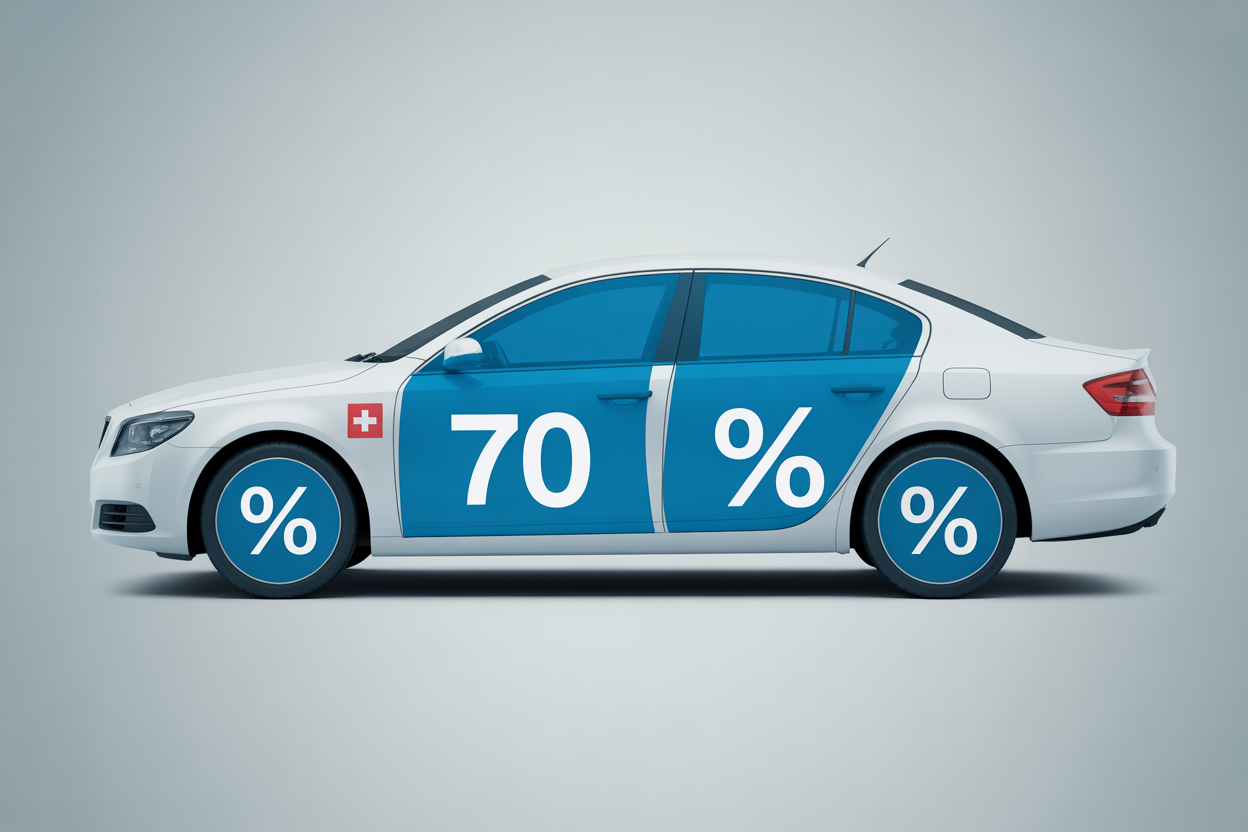 Diagram of a car showing the legal tint percentages for each window in the Vaud canton, Switzerland. Front windshield, front side windows at 70% VLT, and rear windows with no limit.