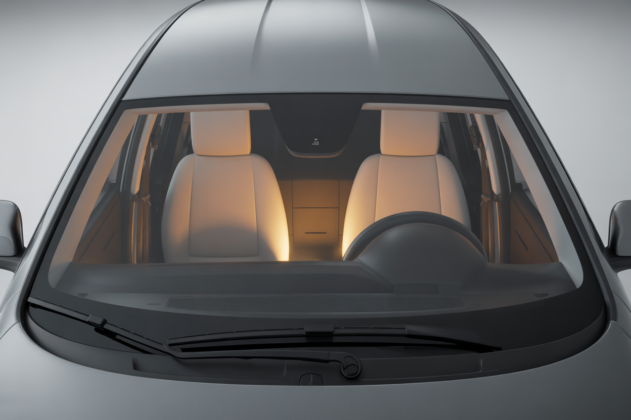 Infographie simple montrant un pare-brise de voiture avec une zone en surbrillance pour le champ de vision du conducteur, indiquant qu