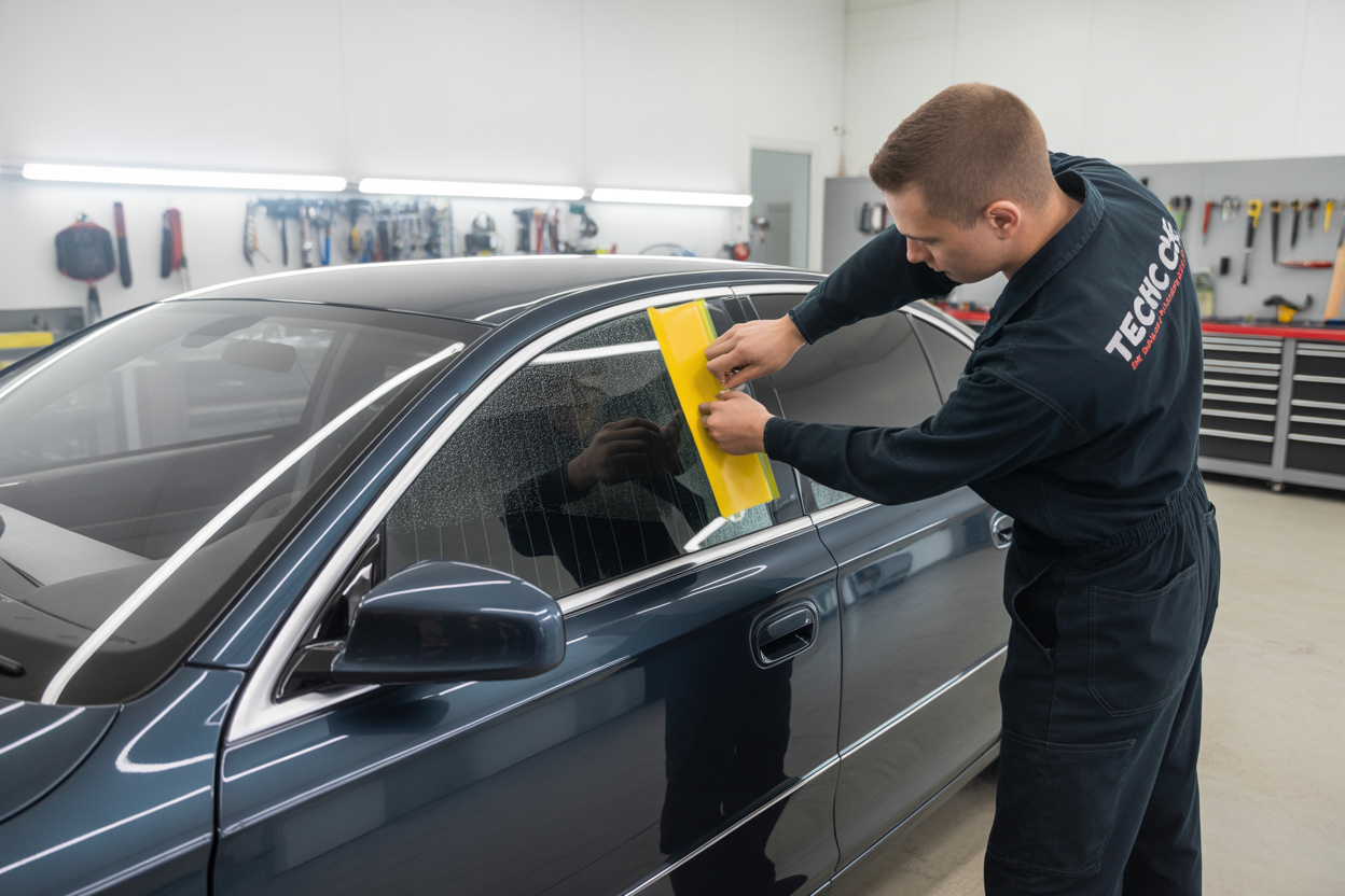 Professional installer at Techcar.ch carefully applying a tinted film to a car