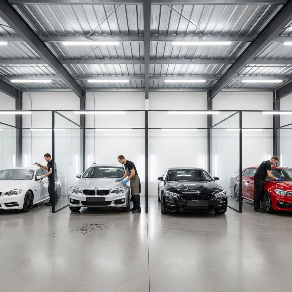 Schéma simple montrant les étapes du detailing automobile : Lavage, Décontamination, Polissage, Protection.