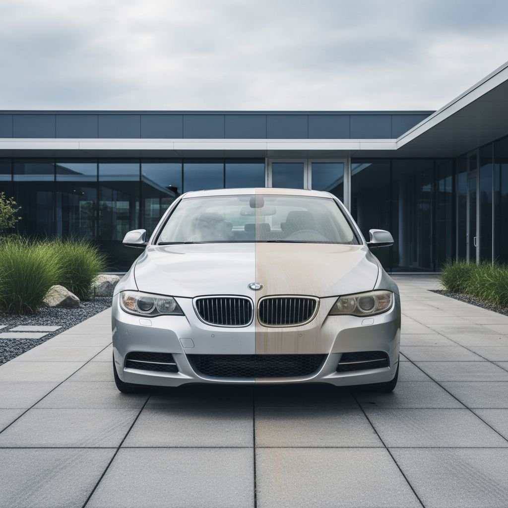 Une voiture à moitié lavée sous un ciel nuageux, illustrant la condition idéale de lavage à l