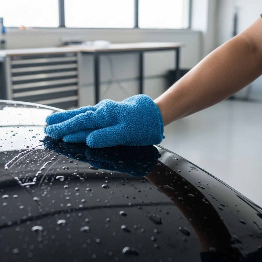 Un gros plan sur une main utilisant un gant de lavage en microfibre bleu sur une carrosserie de voiture noire.