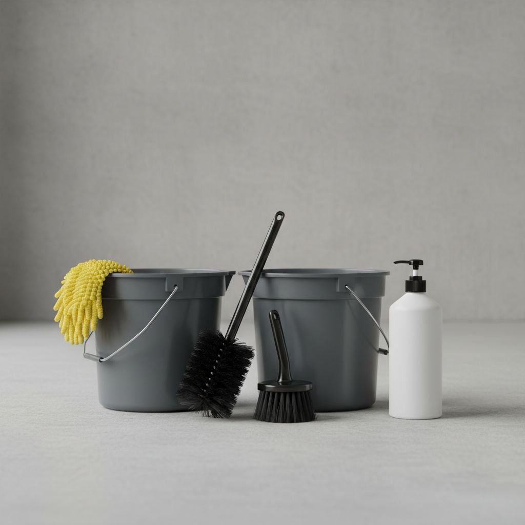 Un kit de lavage extérieur pour voiture avec deux seaux, un gant en microfibre, des brosses pour jantes et un shampoing au pH neutre.