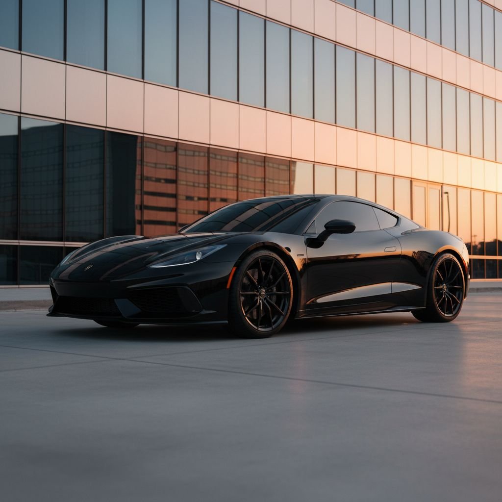 Une voiture de sport noire avec des vitres teintées foncées, garée devant un bâtiment moderne, reflétant le ciel et mettant en valeur son aspect esthétique.