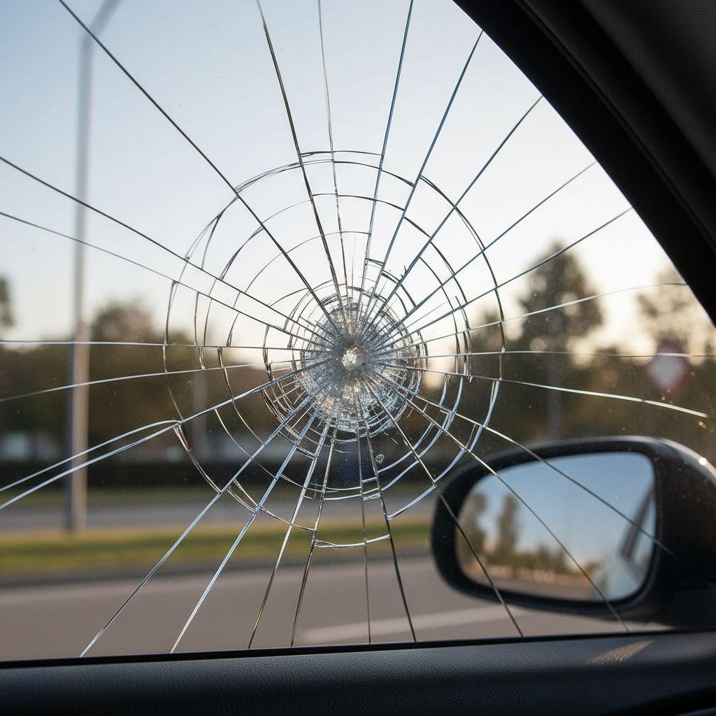 Image montrant une vitre de voiture brisée mais maintenue en place par un film de sécurité teinté, illustrant la protection anti-effraction.