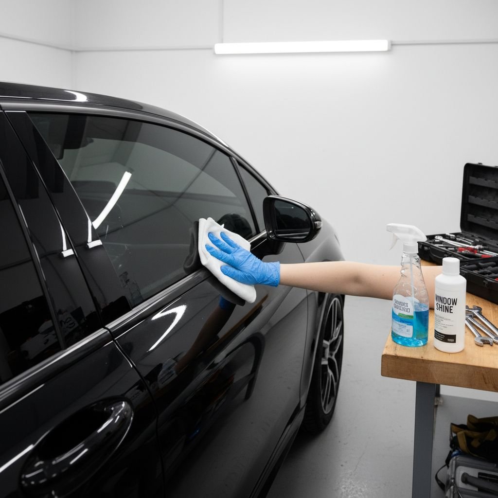 Une image montrant une main utilisant un chiffon en microfibres pour nettoyer une vitre de voiture teintée, avec des bouteilles de savon doux et d