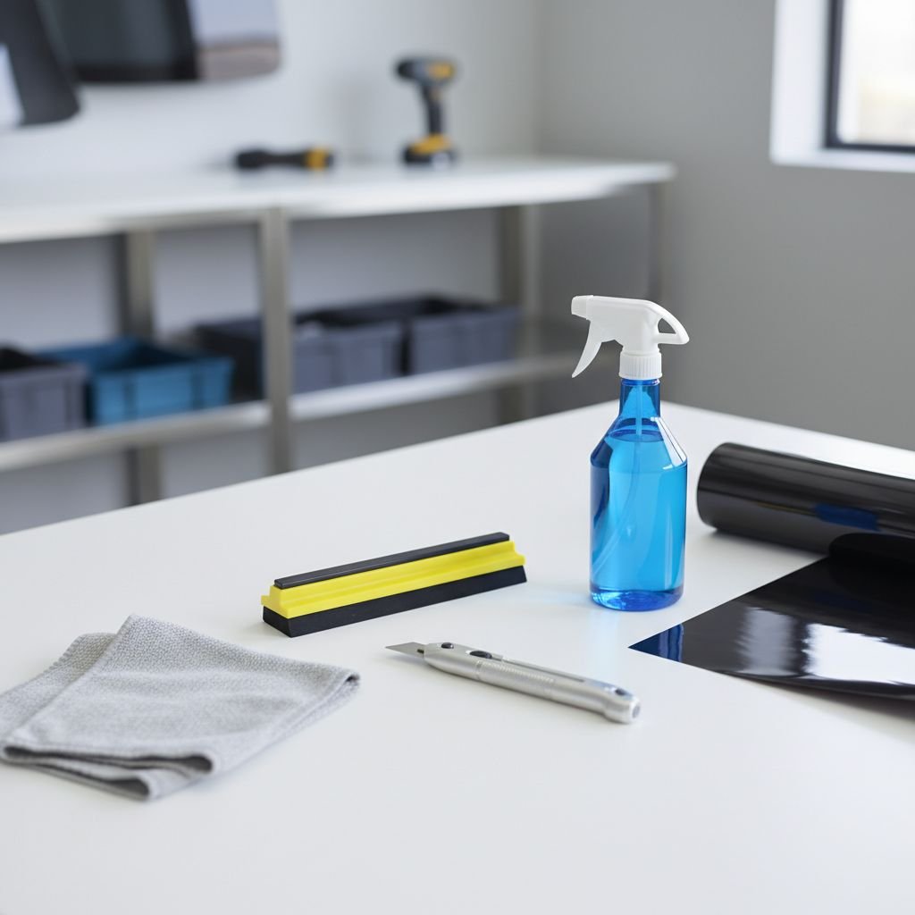 Un kit de pose de film teinté professionnel avec une raclette, un pulvérisateur, un cutter et un chiffon en microfibre.