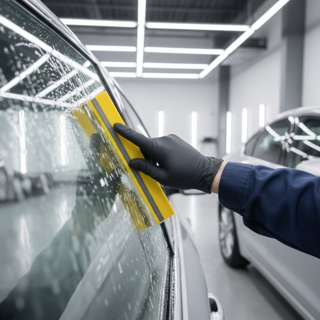 Un technicien automobile professionnel nettoyant méticuleusement une vitre de voiture avec une raclette avant l