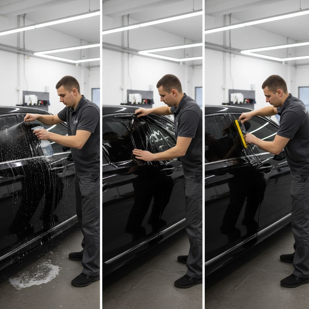 Un schéma simple en 3 temps : 1. On pulvérise la vitre, 2. On applique le film, 3. On maroufle avec une raclette.