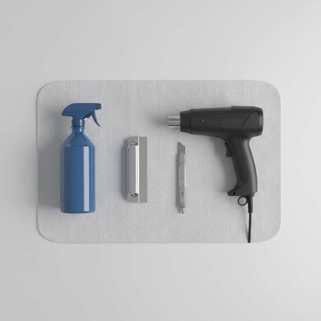 Infographie montrant les outils nécessaires pour la pose de vitres teintées : vaporisateur, raclette, pistolet thermique, couteau.