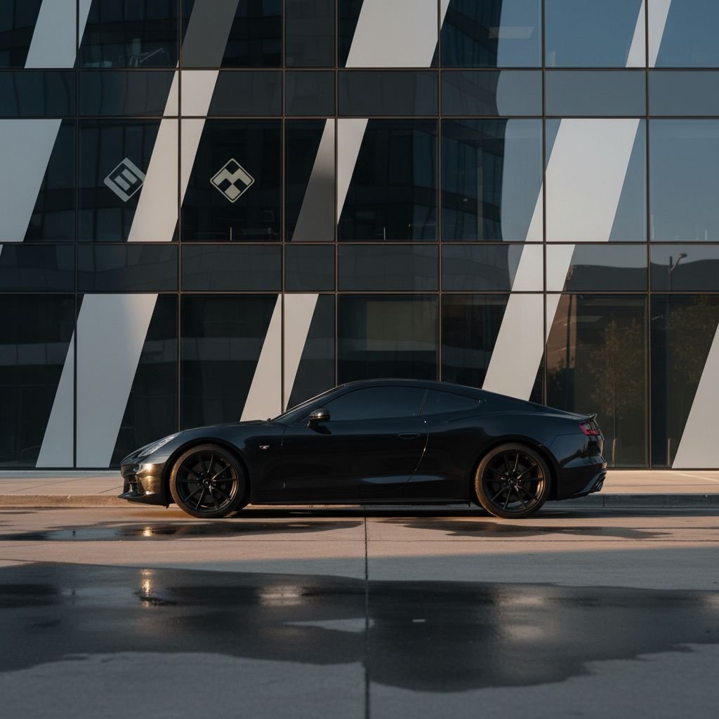 Une voiture de sport noire avec des vitres teintées foncées garée devant un bâtiment moderne.