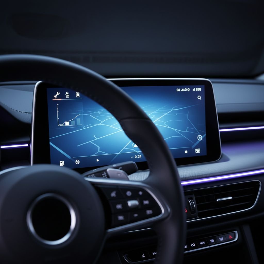 Un tableau de bord de voiture futuriste affichant une interface d