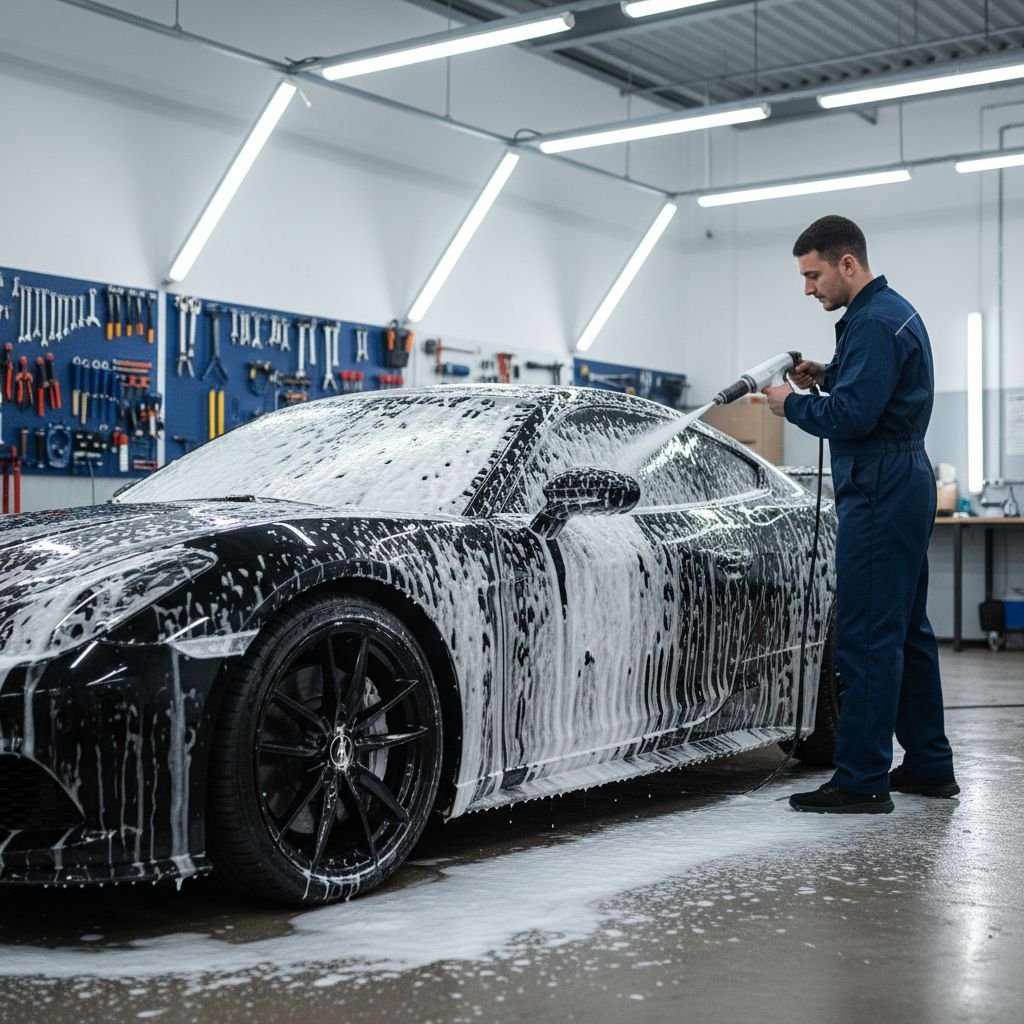 Un professionnel utilise un canon à mousse pour un prélavage sans contact sur une voiture de sport noire.