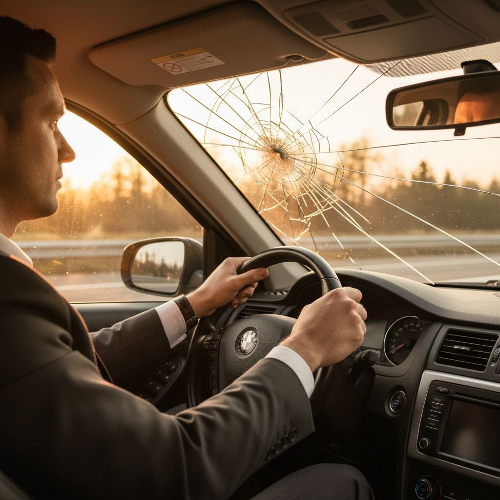 Un conducteur au volant, le pare-brise de sa voiture présente une fissure partant d