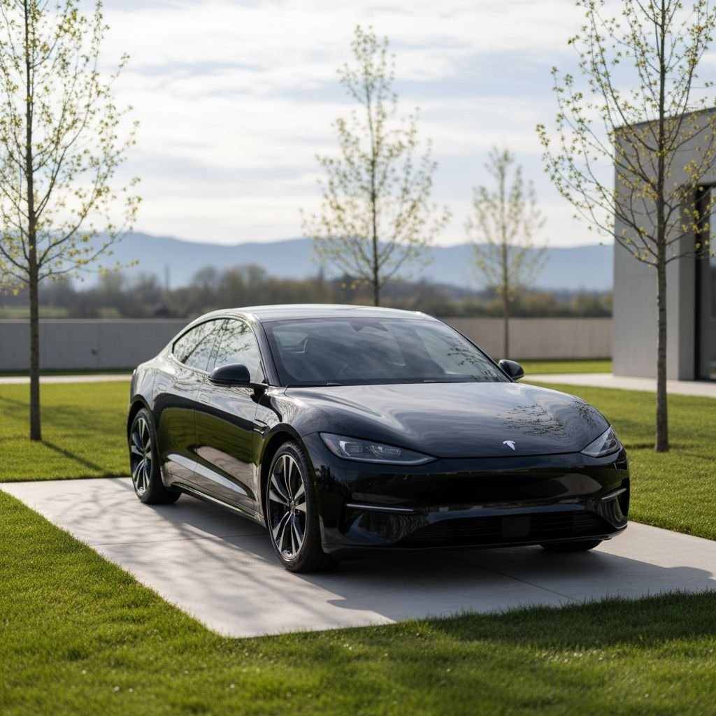 Une voiture noire, super brillante après un bon lavage, qui pose dans un écrin de verdure. L