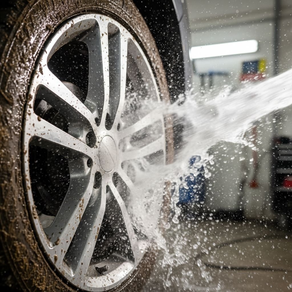 Un gros plan sur une jante bien sale qui se fait nettoyer par un jet haute pression. On voit bien la puissance du truc.