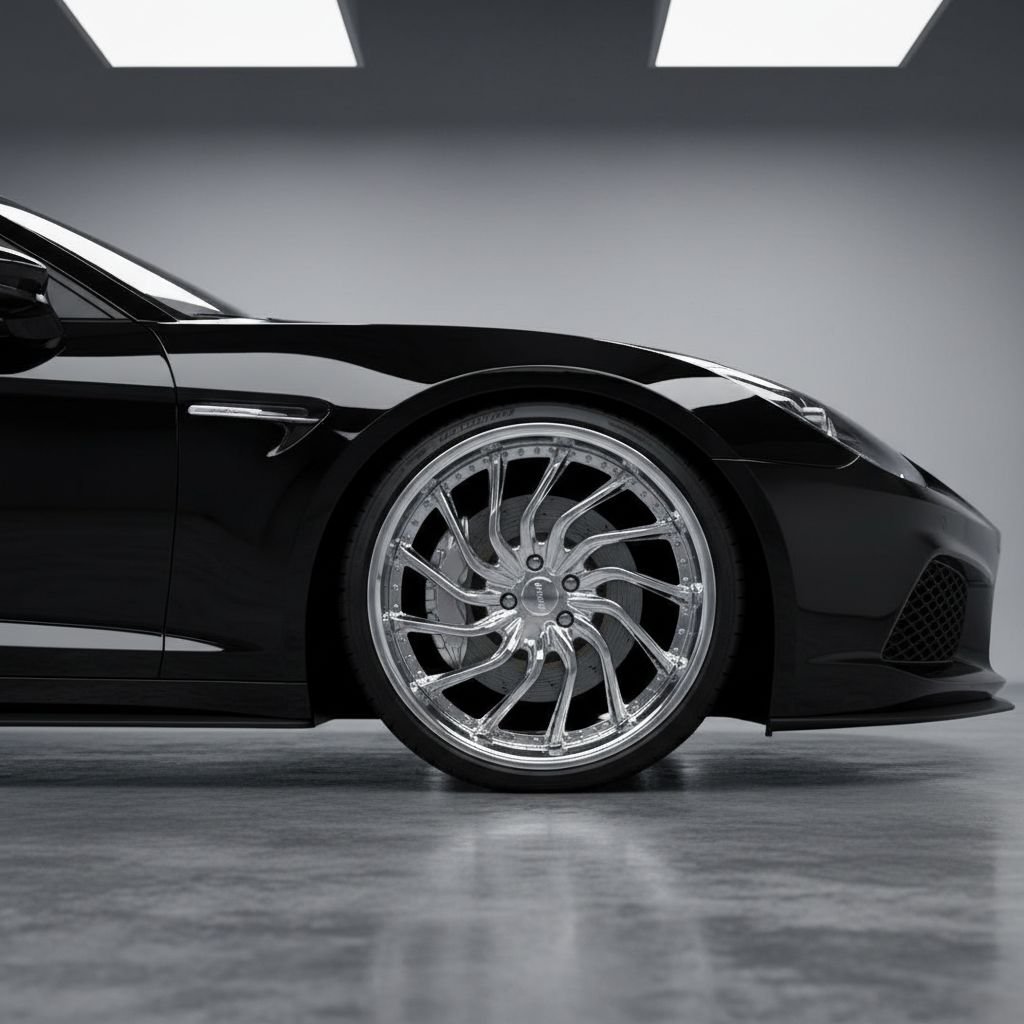 Une voiture de sport noire avec des jantes custom en alliage brillant, histoire de bien montrer l