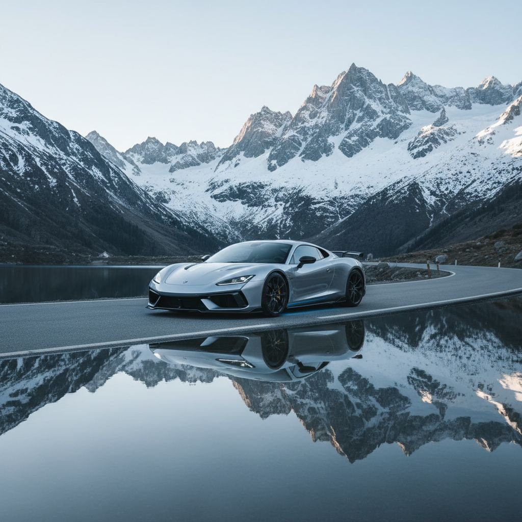 Une voiture sportive moderne avec des modifications esthétiques élégantes, garée dans un paysage suisse, symbolisant une customisation réussie et légale.