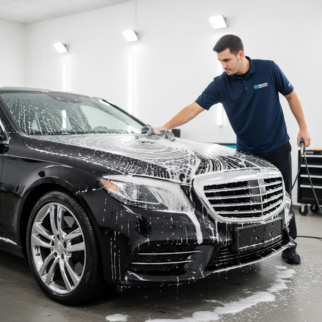 Un professionnel appliquant de la mousse de prélavage sur une voiture de luxe avec un gant en microfibre, illustrant la méthode de lavage à la main.