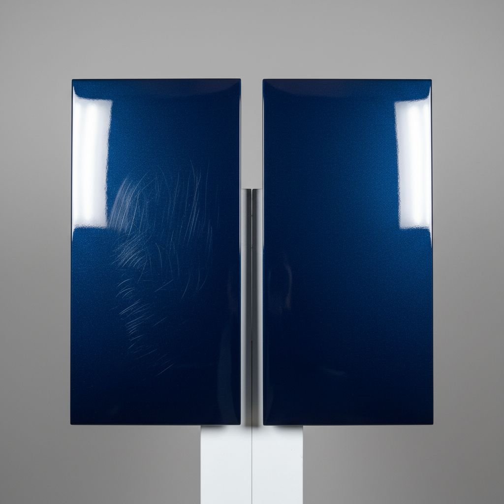 Une image comparative montrant une carrosserie avec des microrayures (swirls) causées par des rouleaux de lavage automatique et une carrosserie parfaitement lisse après un lavage à la main.