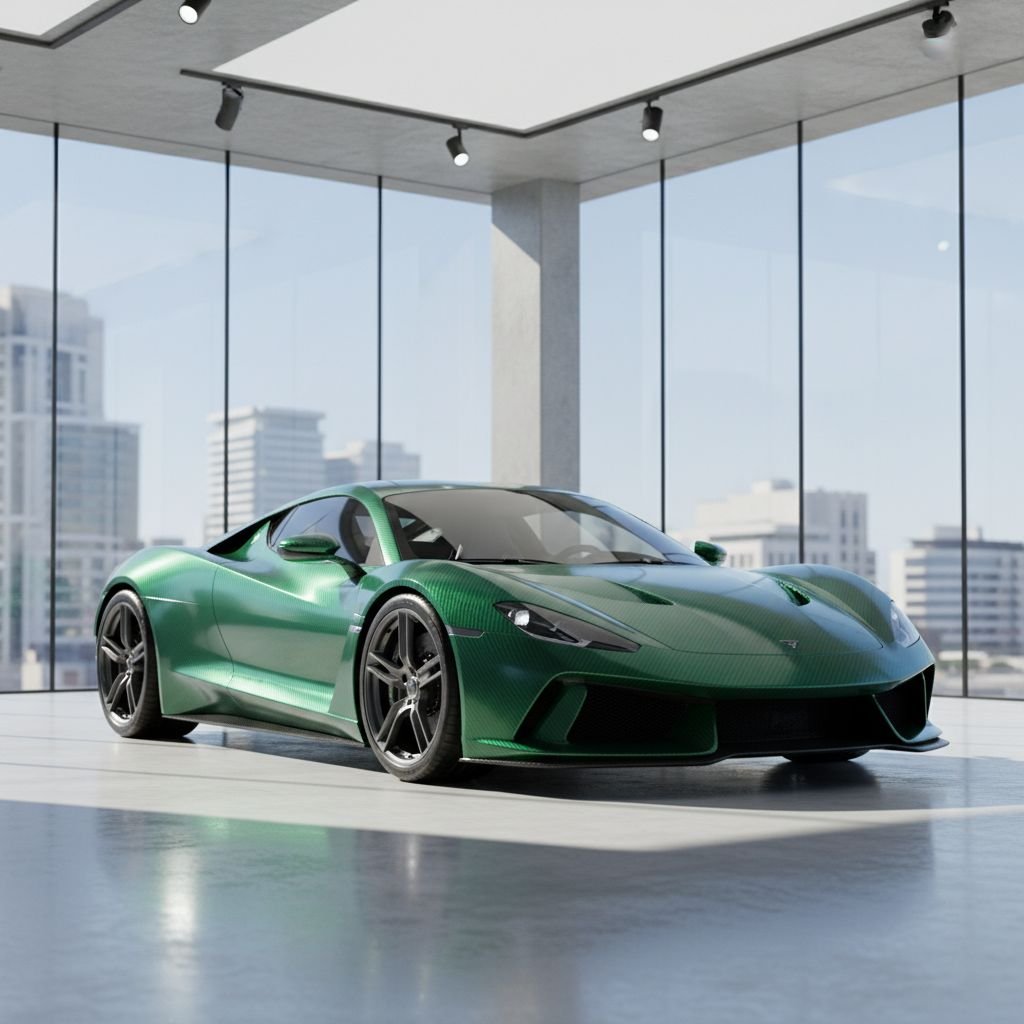 Une voiture de sport avec un covering voiture vert électrique brillant, montrant la tendance des couleurs vives.