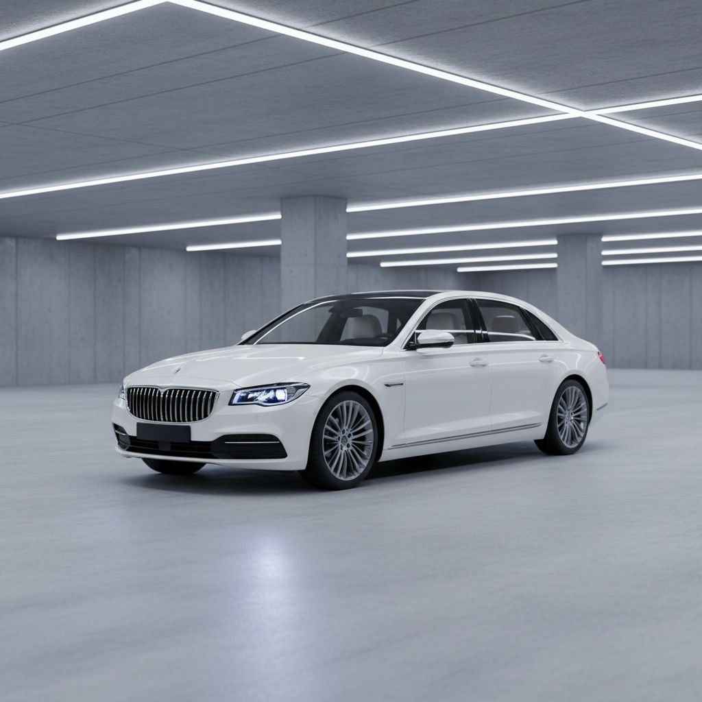 Une voiture impeccable garée dans un garage propre et bien éclairé.