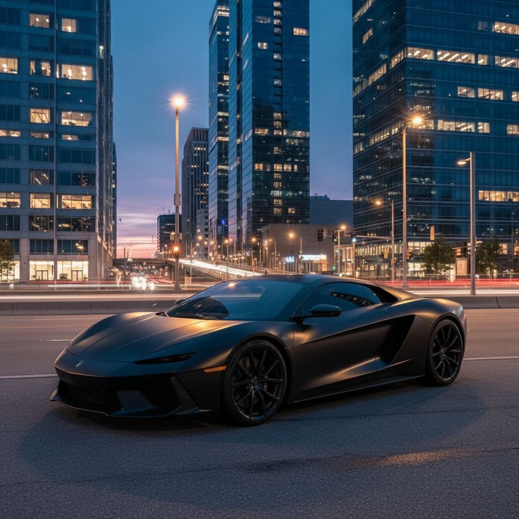 Une voiture de luxe avec un covering noir mat garée dans un décor urbain moderne.