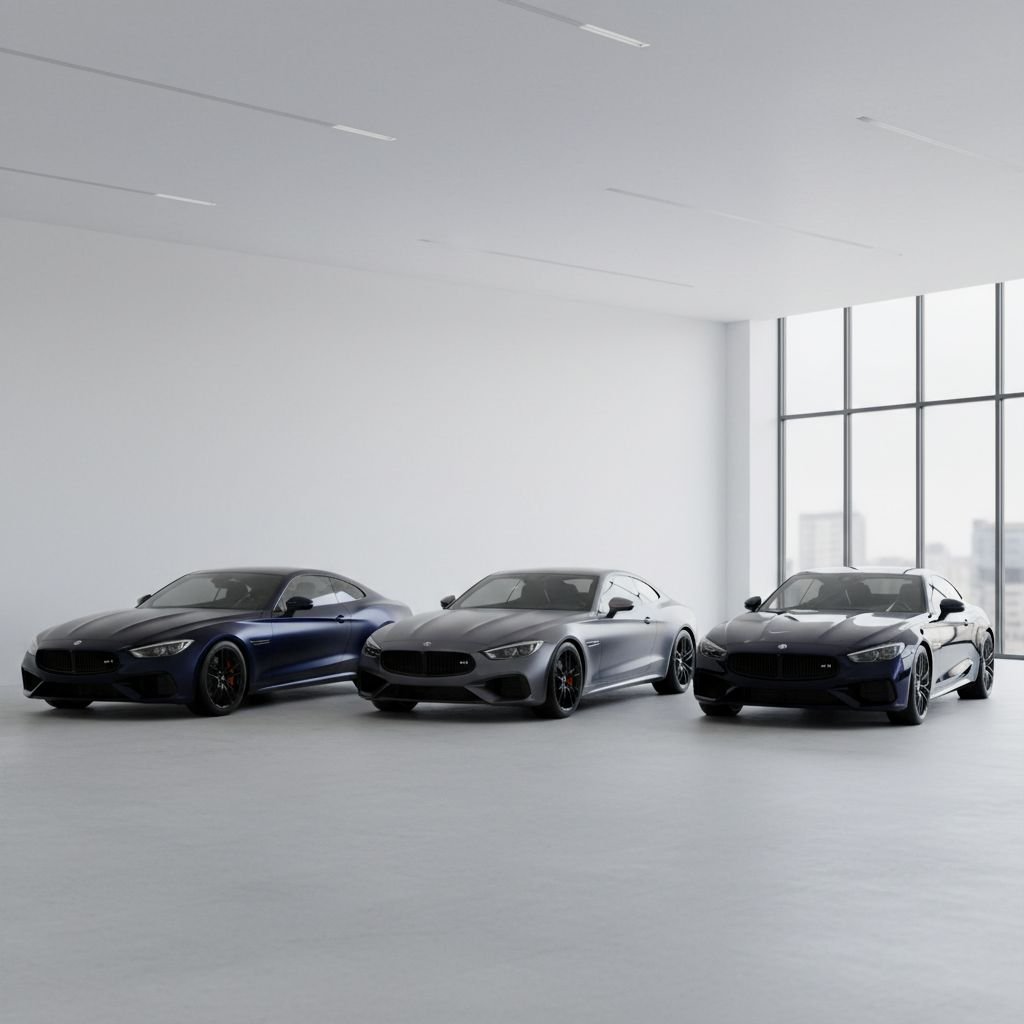 Une image comparative montrant la même voiture avec une finition mate, satinée et brillante pour illustrer la différence.