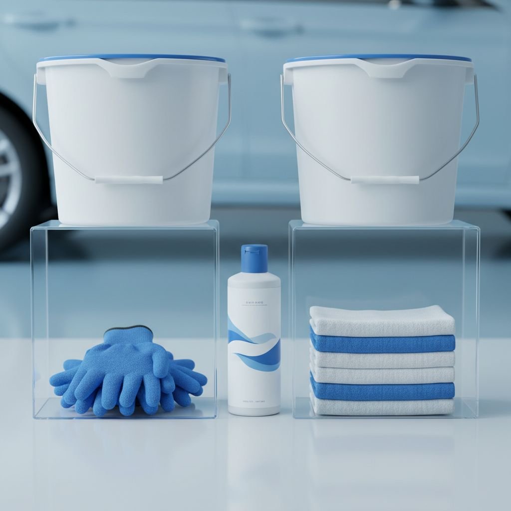 Infographie présentant le kit de démarrage essentiel pour le lavage de voiture en 2025 avec des icônes pour chaque élément: deux seaux, gant, microfibres, shampoing, etc.
