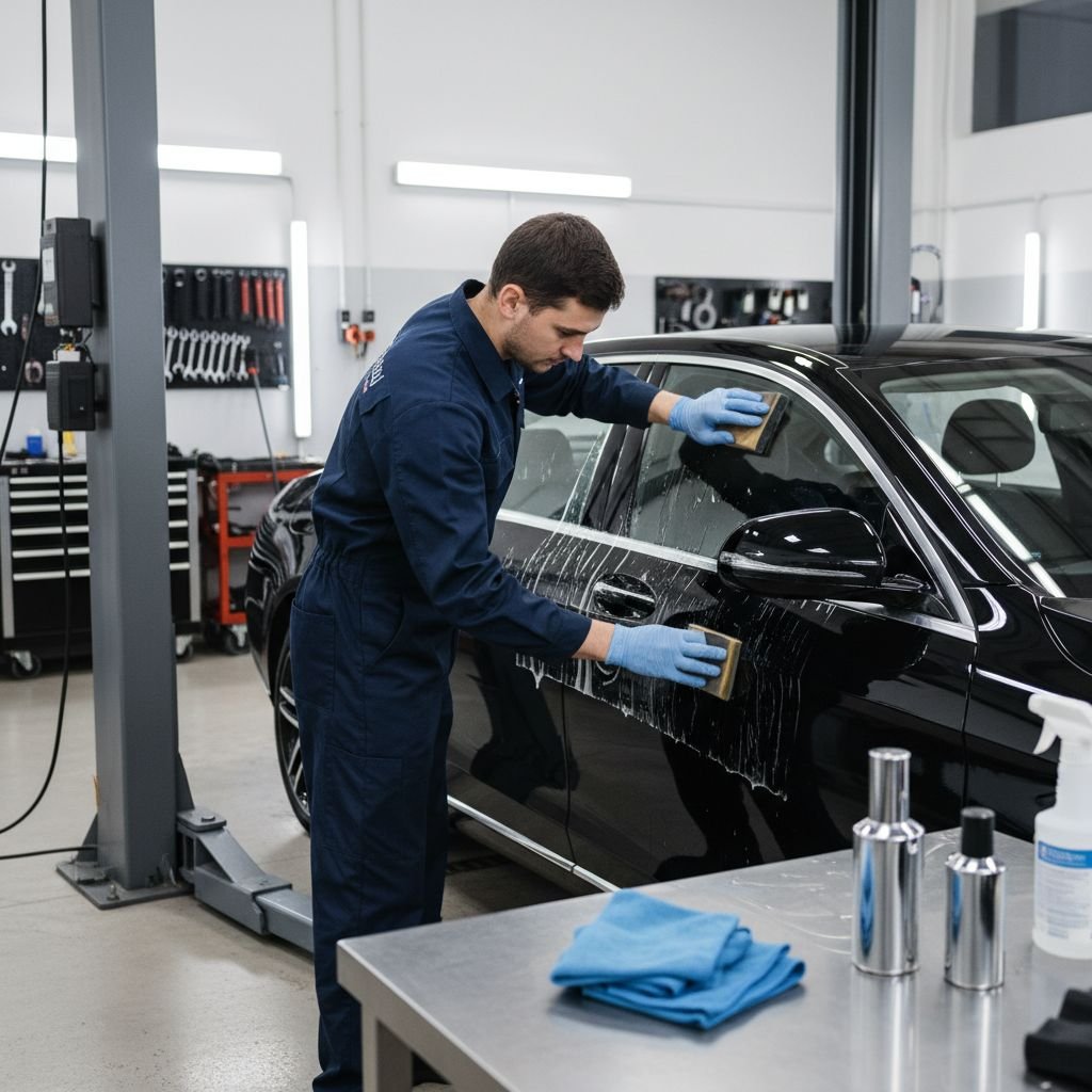 Un schéma simple montrant les étapes du covering voiture : nettoyage, polissage (polish voiture), application du film, et finition.