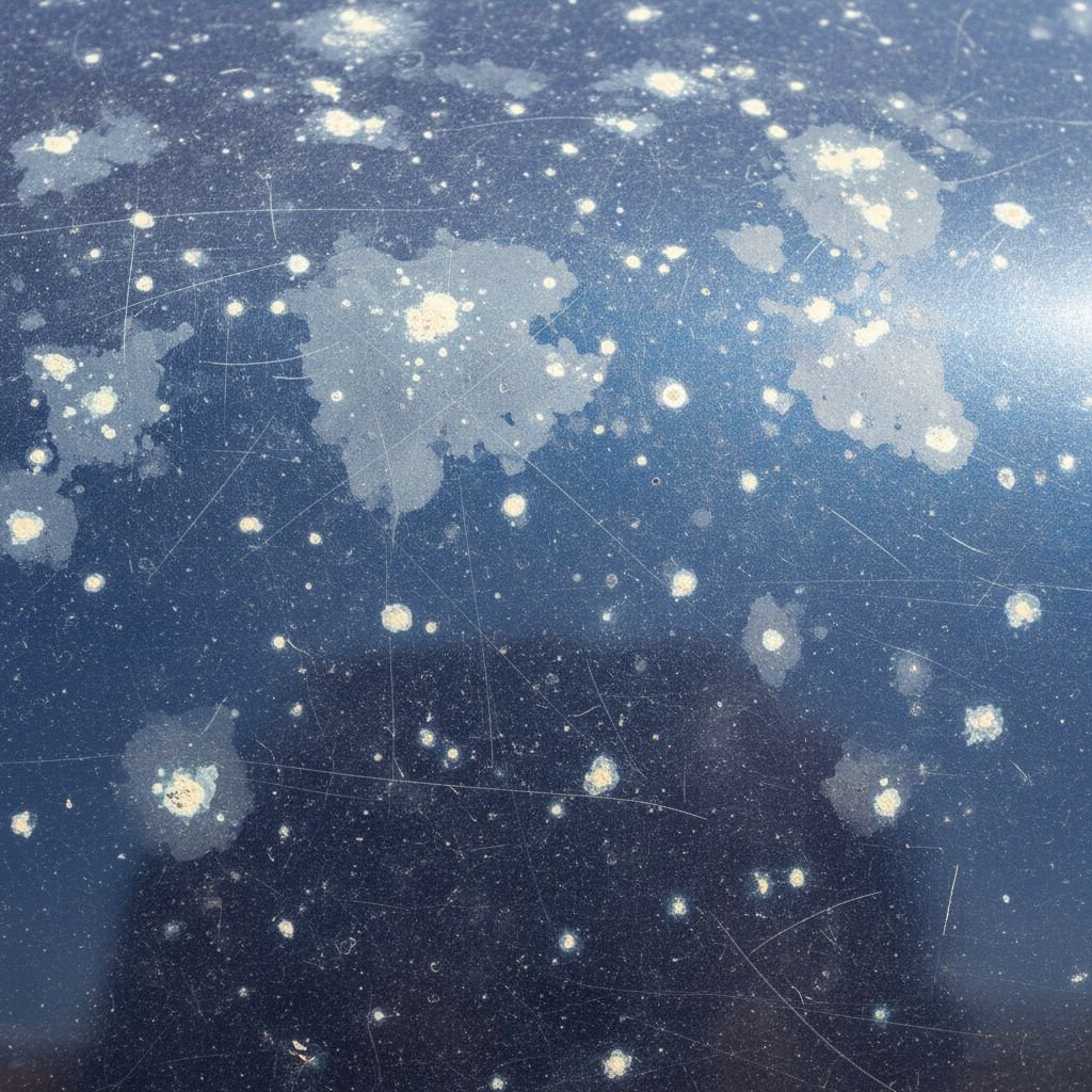 Un gros plan sur une surface de peinture automobile endommagée, montrant des taches de décoloration, des rayures fines et un aspect terne sous un éclairage direct.