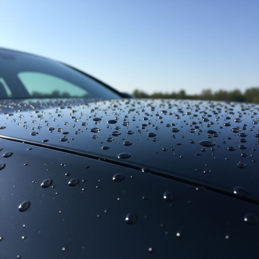 Gros plan sur une carrosserie noire ultra brillante après un lavage. Des gouttes d