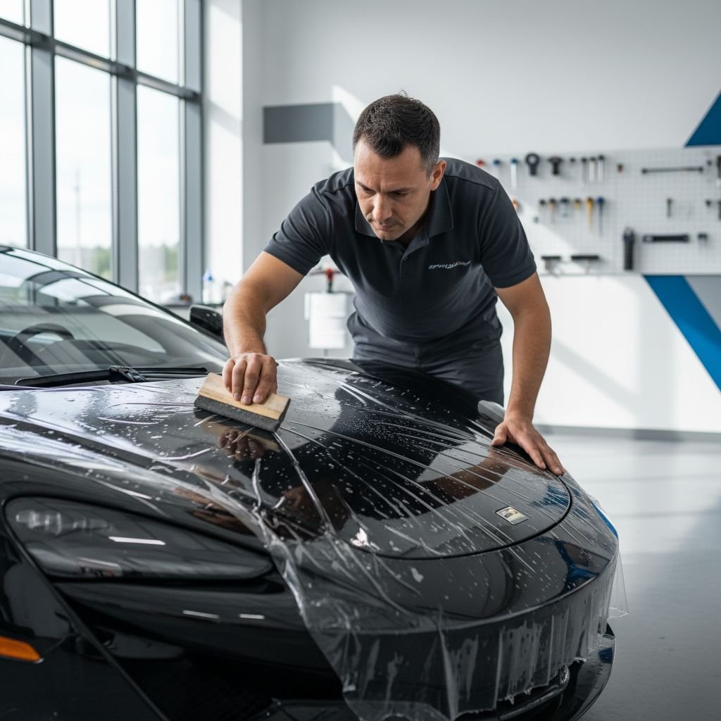 Un installateur professionnel appliquant soigneusement un film de wrap automobile sur le capot d