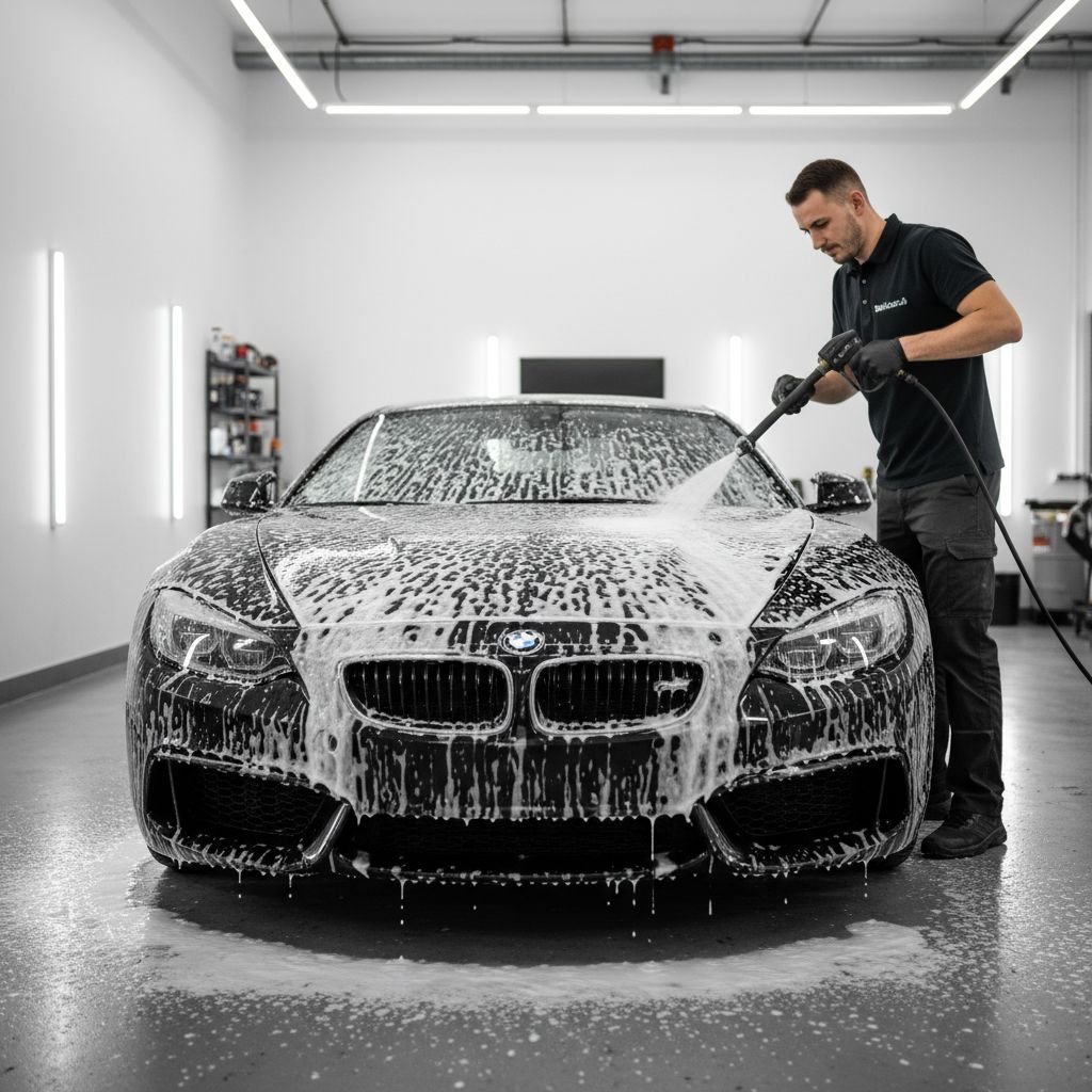 A professional detailer in a clean workshop, wearing a Techcar.ch branded uniform, meticulously applying foam to a luxury car.
