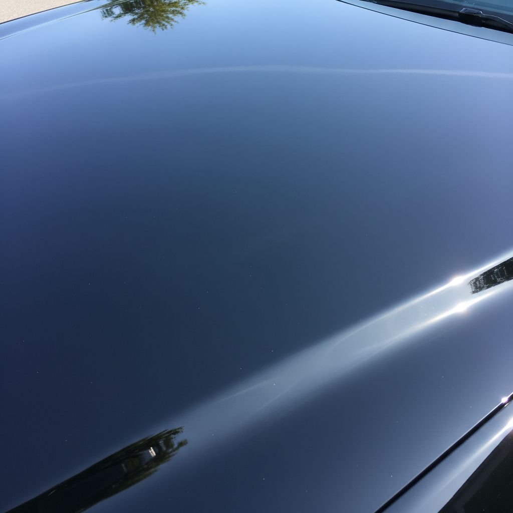 Close-up of a perfectly clean and polished black car hood, reflecting the sky without any scratches or swirls.