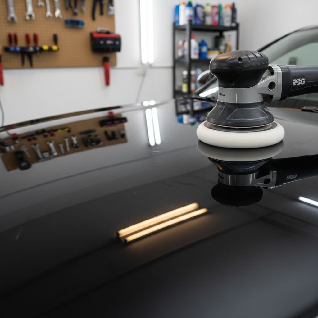 Gros plan sur une polisseuse orbitale glissant avec précision sur le capot d