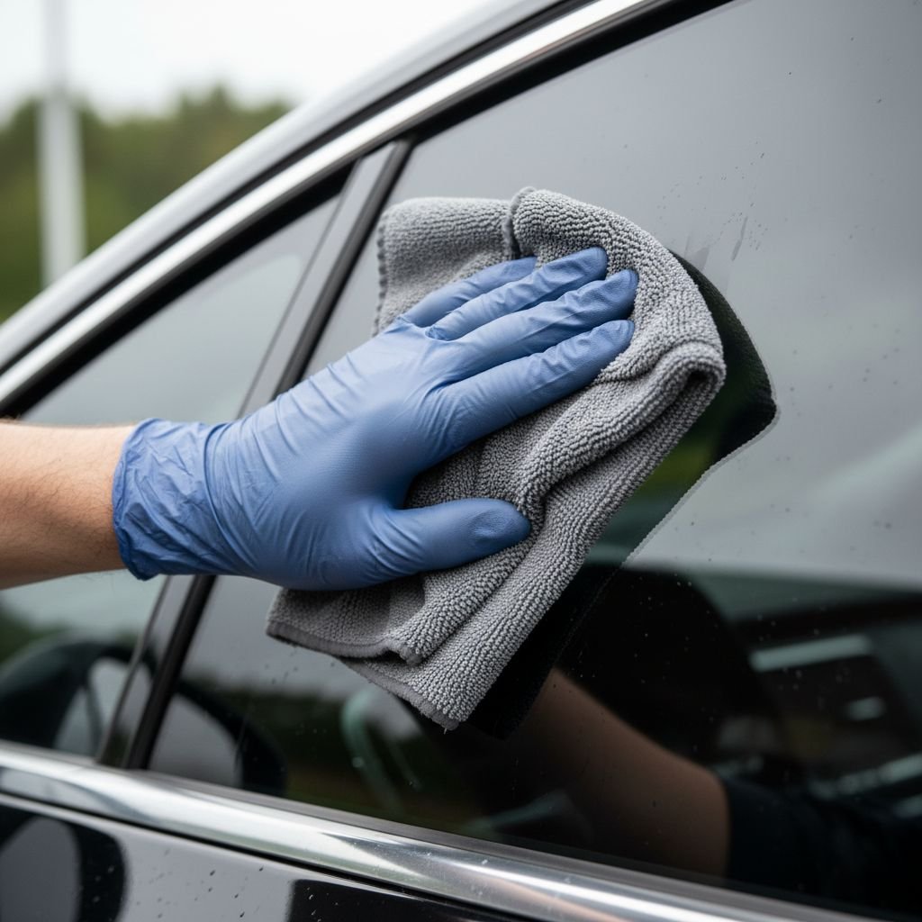 Gros plan sur une main utilisant un chiffon en microfibre pour nettoyer doucement une vitre de voiture teintée, montrant la bonne technique d