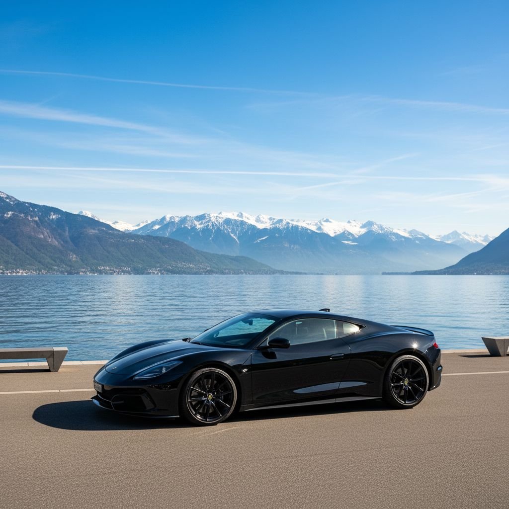 Une voiture de sport noire et brillante, fraîchement lavée, garée avec une vue sur le lac Léman et les montagnes, symbolisant la propreté et la qualité à Lausanne.