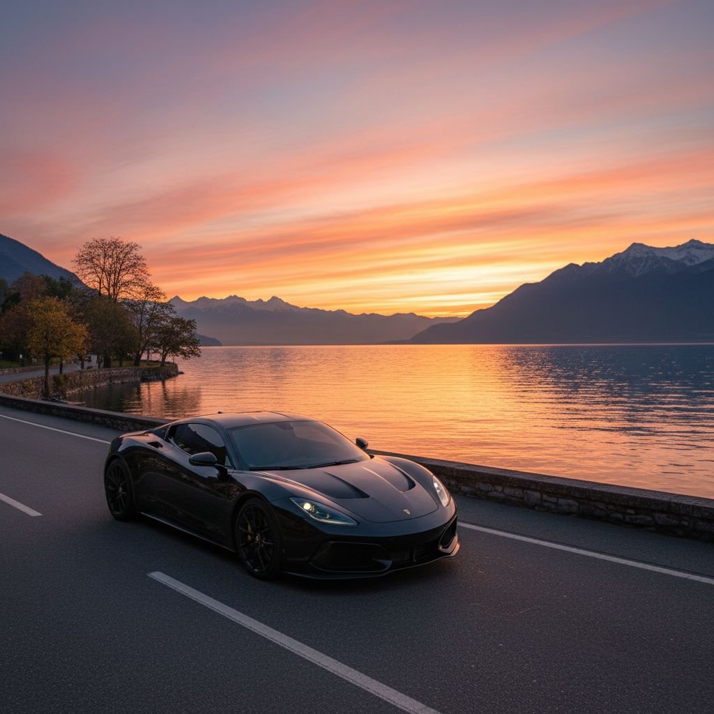 Une voiture de sport noire avec des vitres teintées, roulant sur une route pittoresque le long du lac Léman au coucher du soleil.