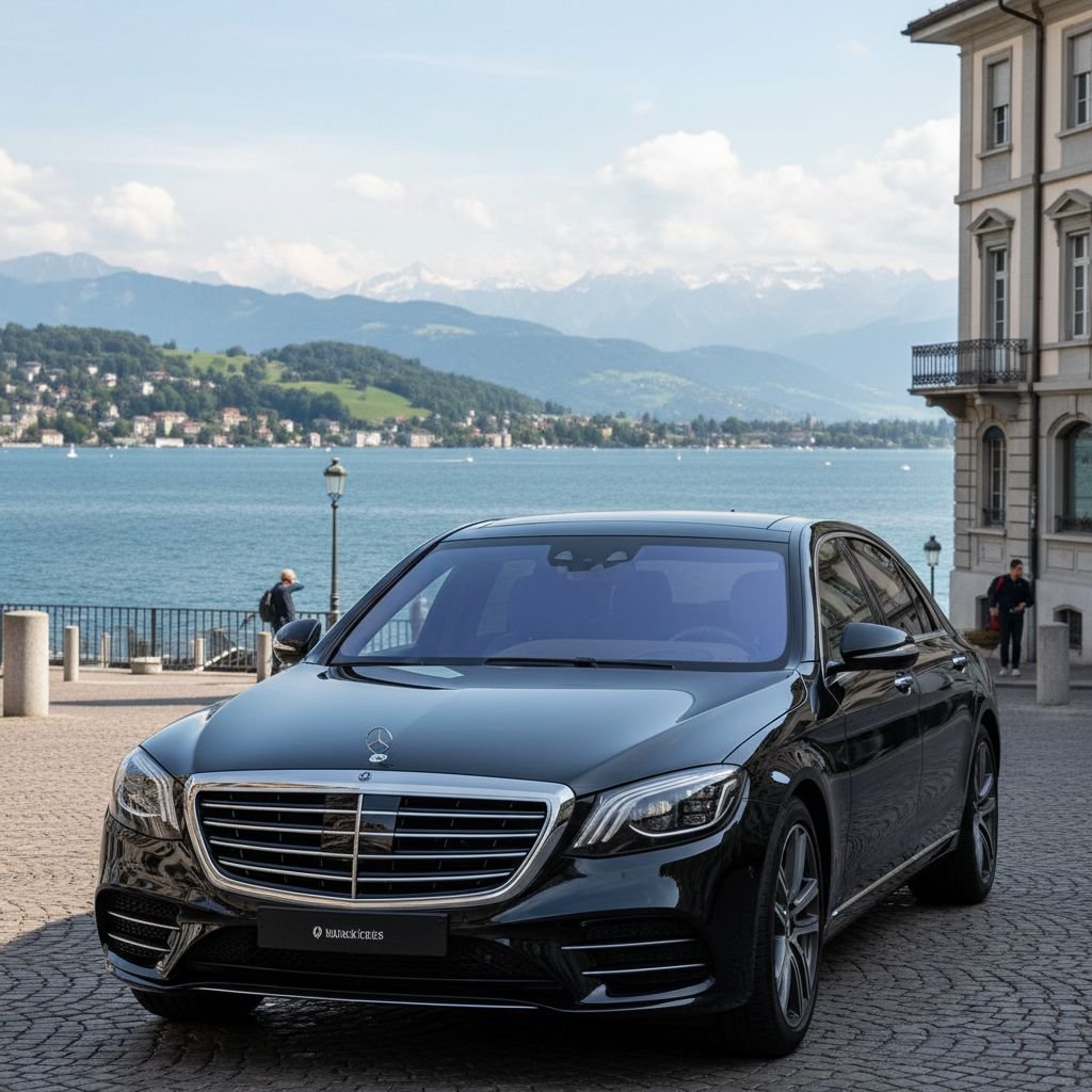 Une voiture de luxe noire, parfaitement propre et brillante, garée dans une rue élégante de Lausanne avec le lac Léman en arrière-plan.