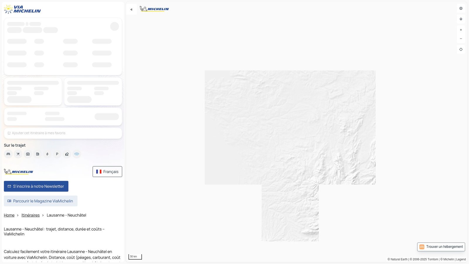 Screenshot of ViaMichelin route planner showing the map itinerary from Lausanne to Neuchâtel with time and fuel cost estimation.