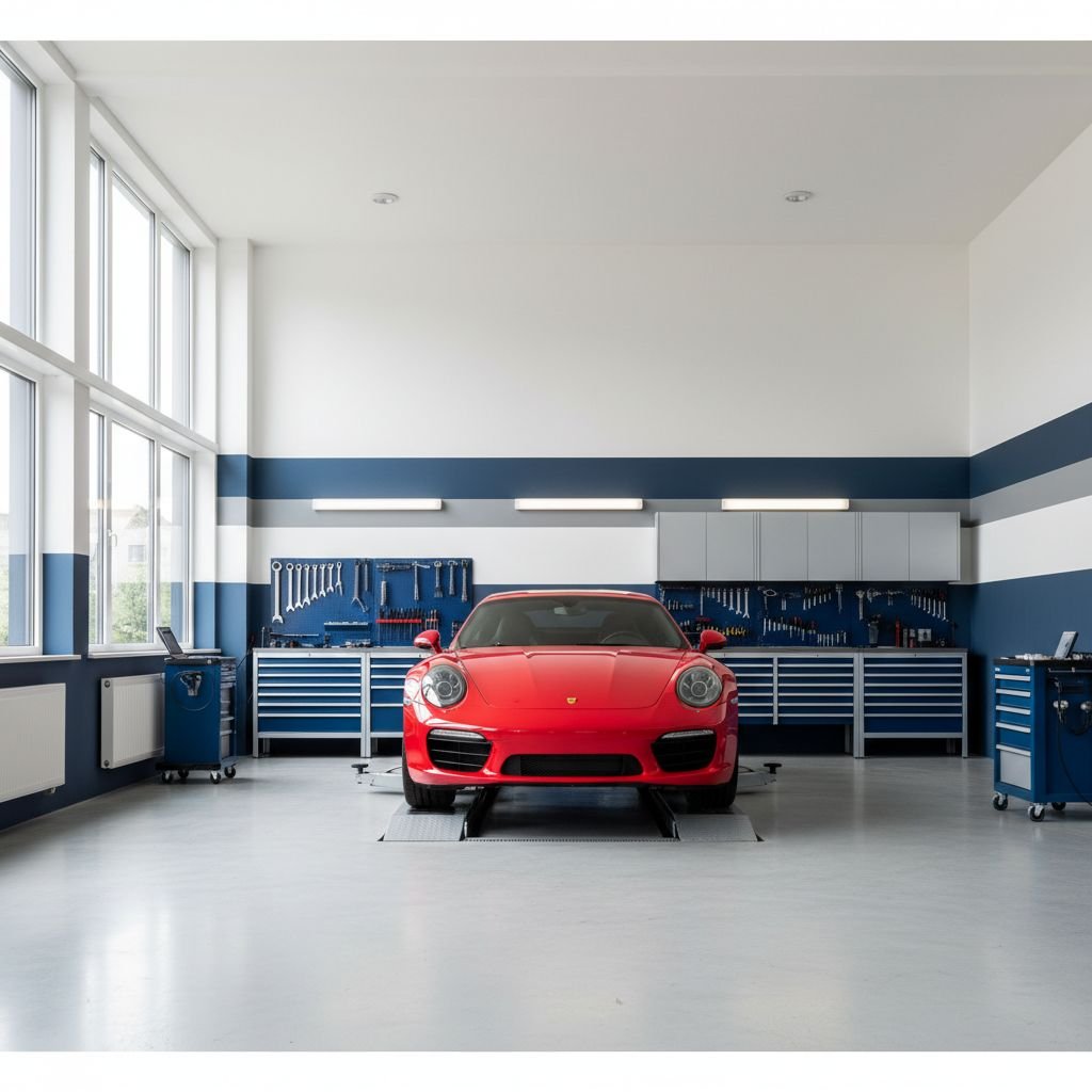 Un atelier de garage automobile moderne et bien éclairé, avec une voiture de sport sur un pont élévateur, montrant un environnement professionnel et propre.